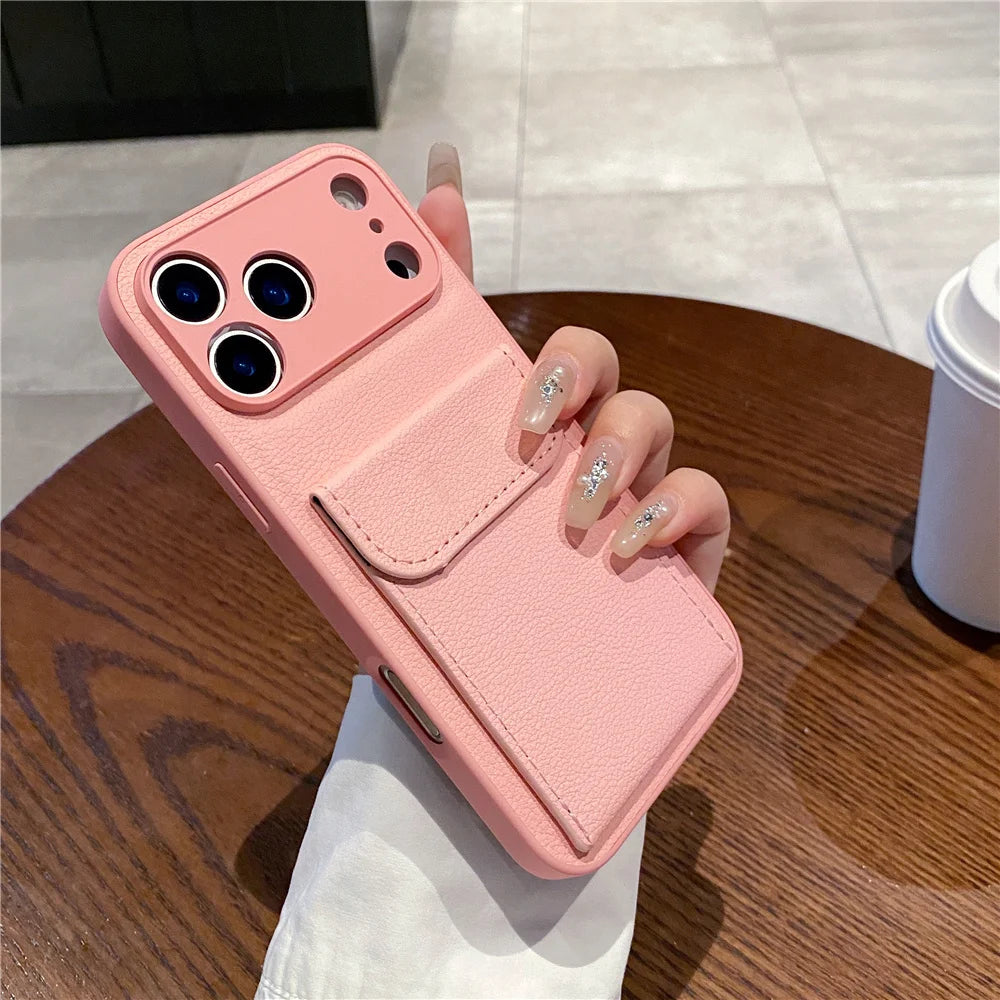 luxury Leather Card Holder Wallet Case For iPhone, Camera Lens Protection Cover