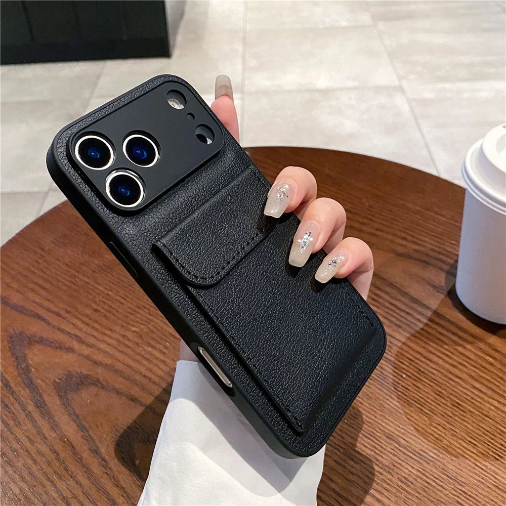 luxury Leather Card Holder Wallet Case For iPhone, Camera Lens Protection Cover