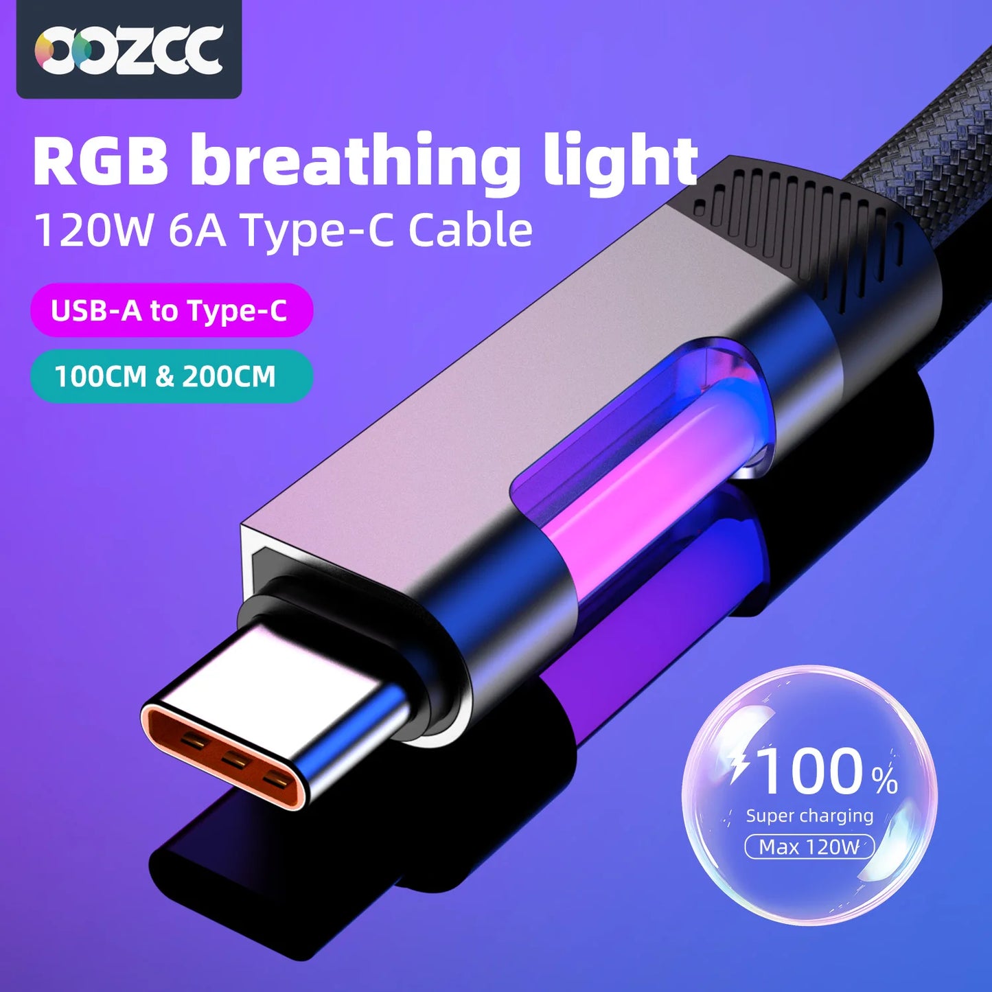RGB Fast Charging Cable 120W USB Type C