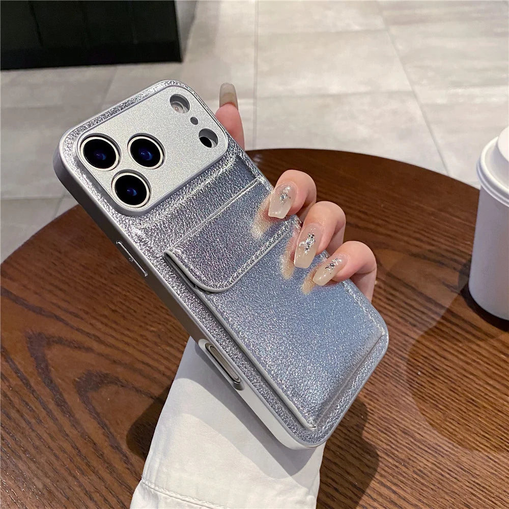 luxury Leather Card Holder Wallet Case For iPhone, Camera Lens Protection Cover
