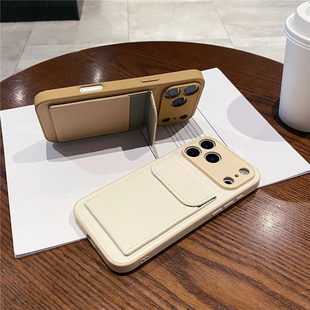 luxury Leather Card Holder Wallet Case For iPhone, Camera Lens Protection Cover
