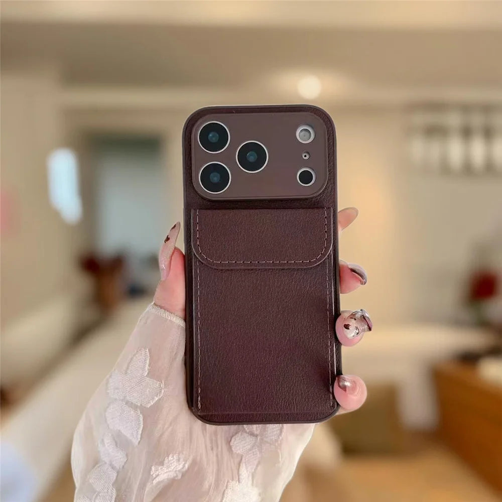 luxury Leather Card Holder Wallet Case For iPhone, Camera Lens Protection Cover