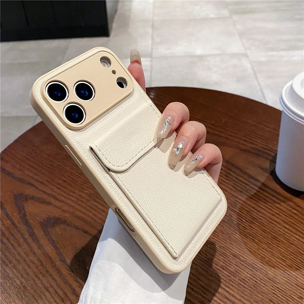 luxury Leather Card Holder Wallet Case For iPhone, Camera Lens Protection Cover