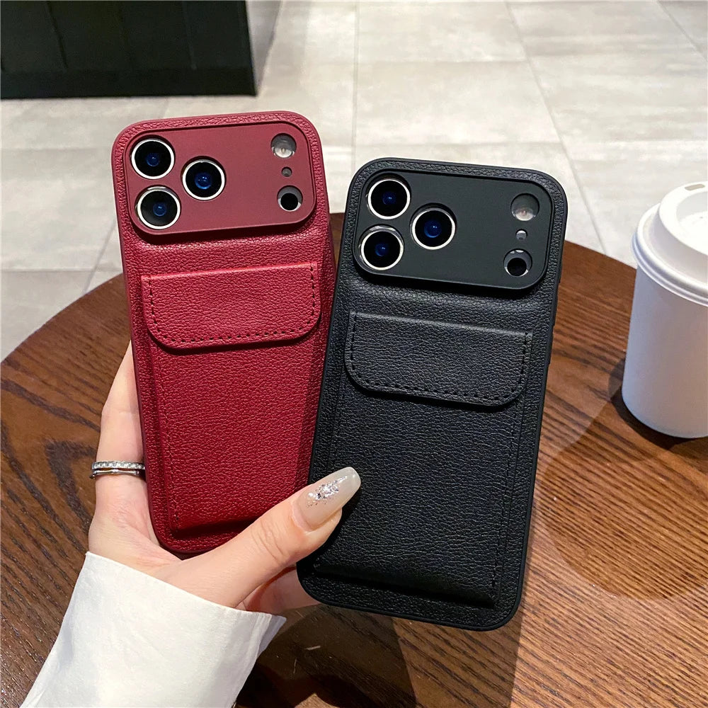 luxury Leather Card Holder Wallet Case For iPhone, Camera Lens Protection Cover