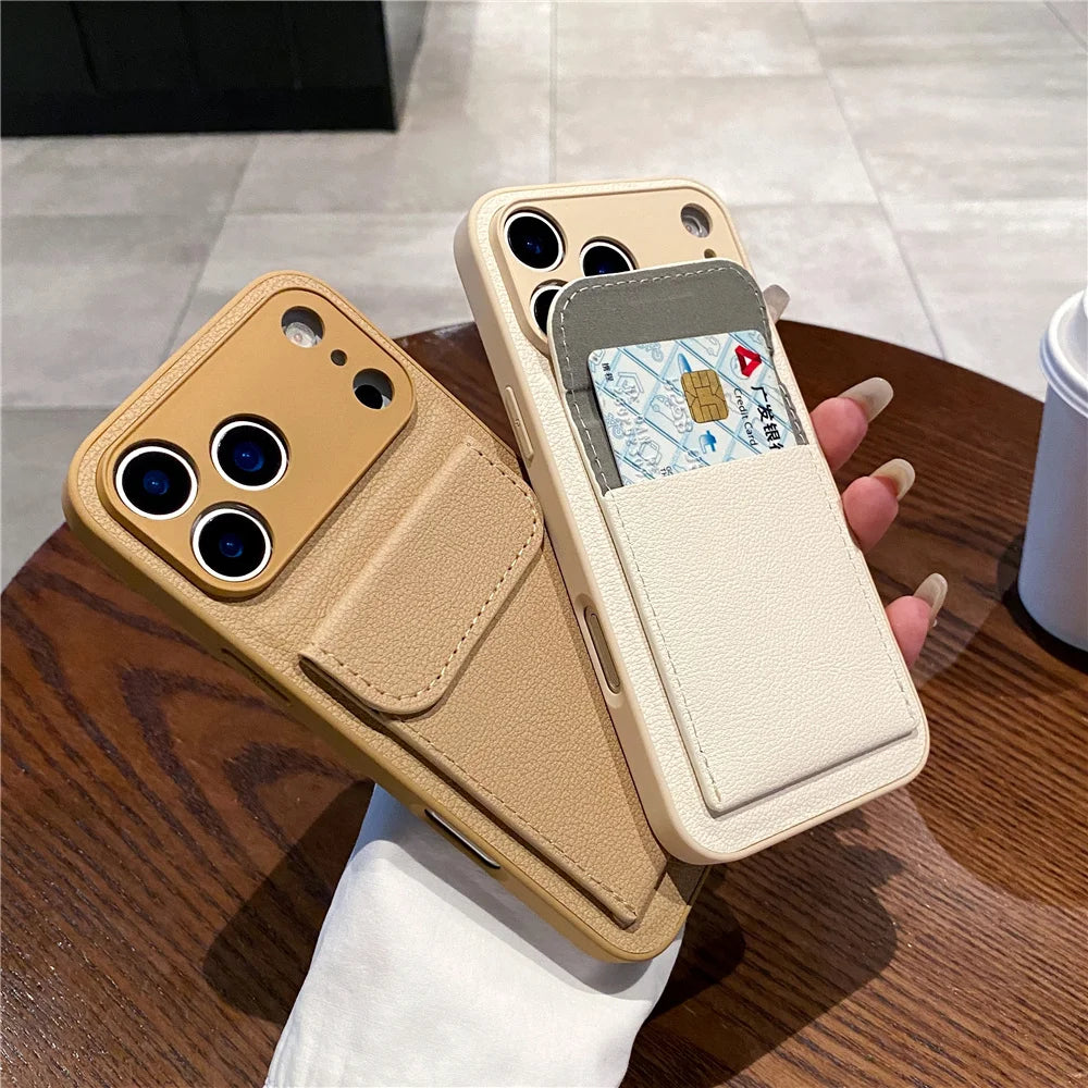 luxury Leather Card Holder Wallet Case For iPhone, Camera Lens Protection Cover