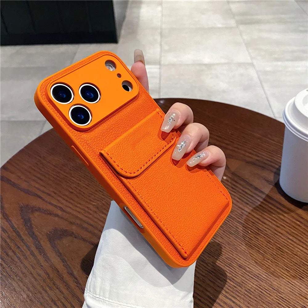 luxury Leather Card Holder Wallet Case For iPhone, Camera Lens Protection Cover
