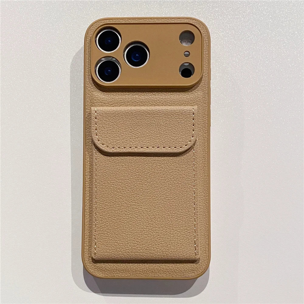 luxury Leather Card Holder Wallet Case For iPhone, Camera Lens Protection Cover