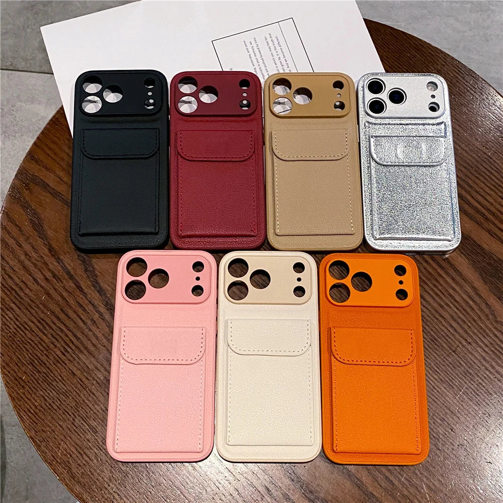 luxury Leather Card Holder Wallet Case For iPhone, Camera Lens Protection Cover