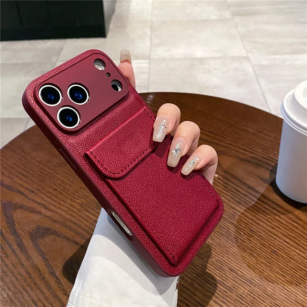 luxury Leather Card Holder Wallet Case For iPhone, Camera Lens Protection Cover