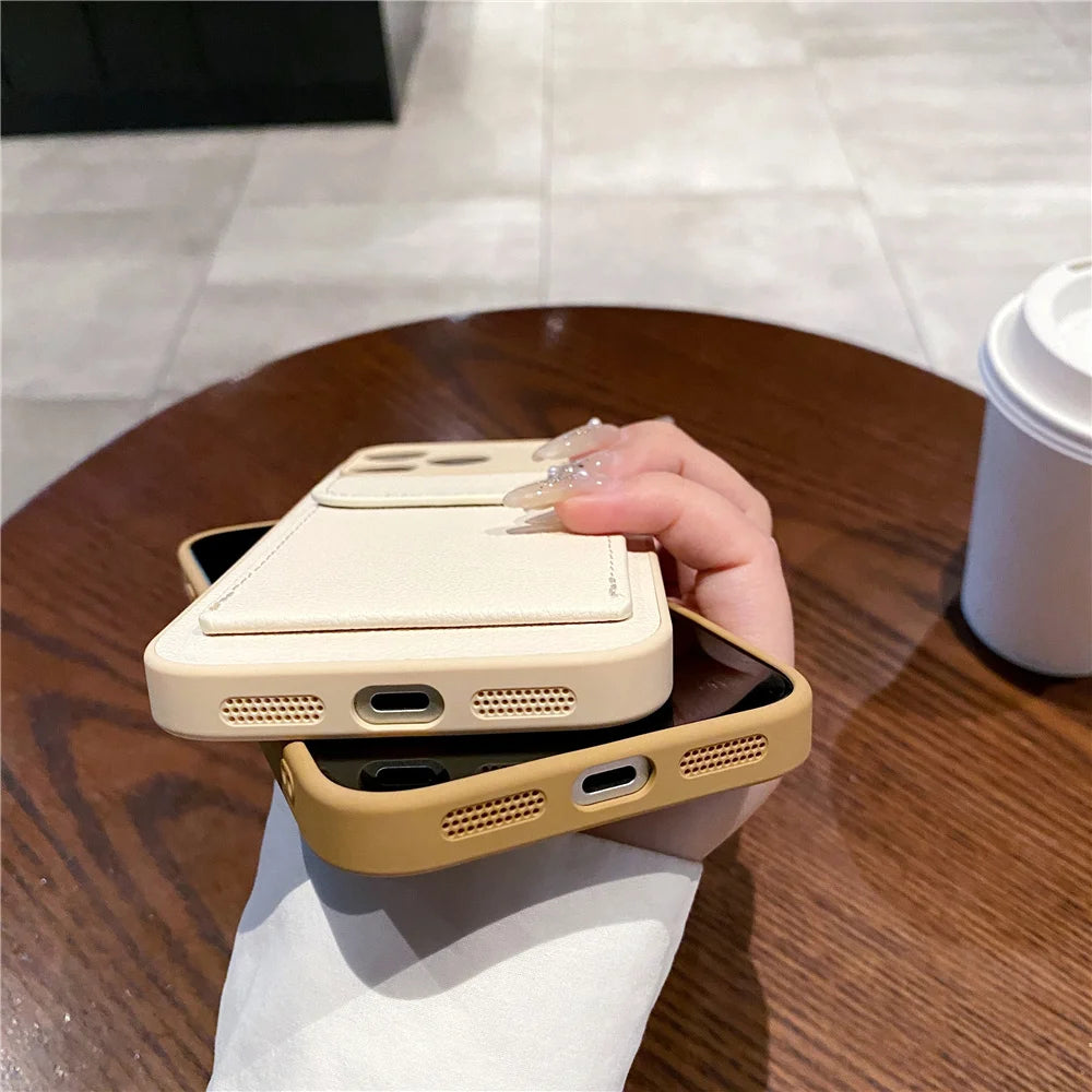 luxury Leather Card Holder Wallet Case For iPhone, Camera Lens Protection Cover