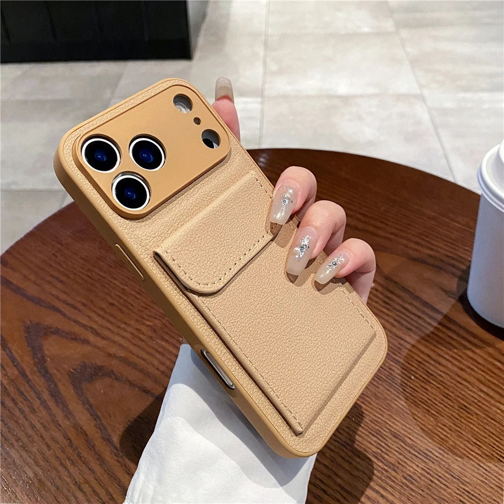 luxury Leather Card Holder Wallet Case For iPhone, Camera Lens Protection Cover