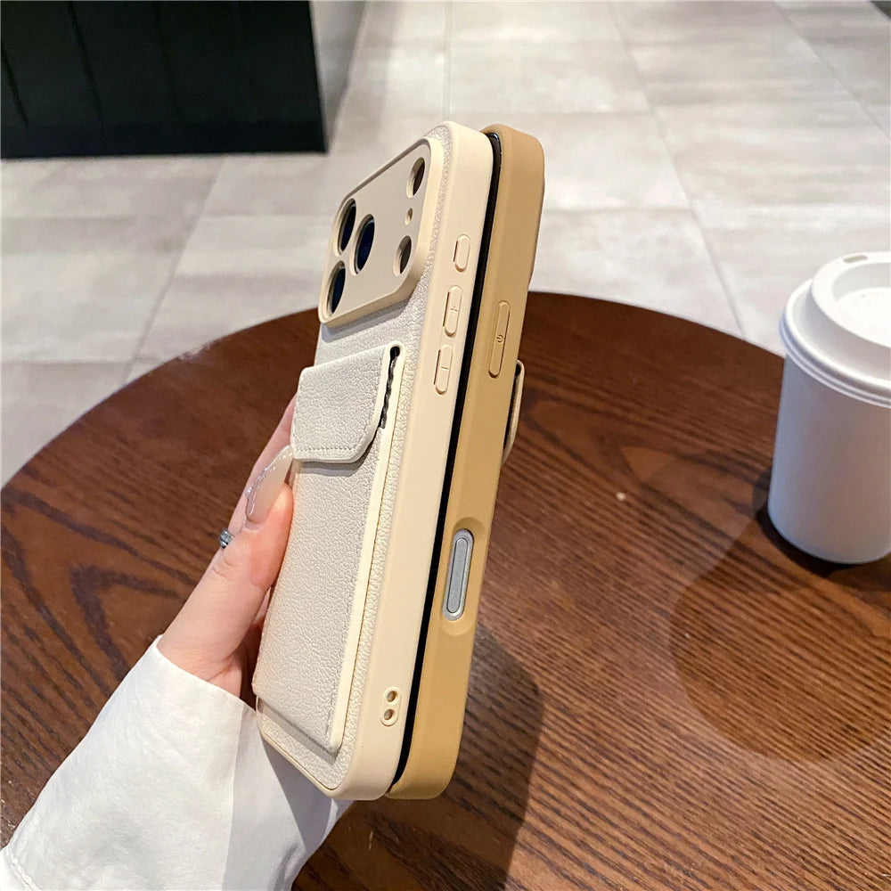 luxury Leather Card Holder Wallet Case For iPhone, Camera Lens Protection Cover